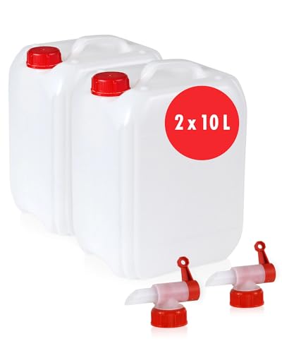 Höfer Chemie 2 x 10 L Wasserkanister Set Weiß - BPA-frei & Lebensmittelecht - Ideales Camping Zubehör für Flüssigkeiten - Mit Ablasshahn &...