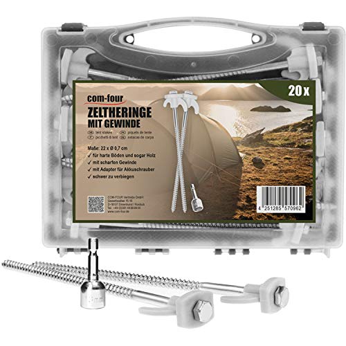 com-four® 20x Zelt-Heringe aus Stahl - Schraubheringe in Transportbox - robuste Erdnägel mit Gewinde für Camping und Outdoor - Zeltpflöcke ideal für harten...