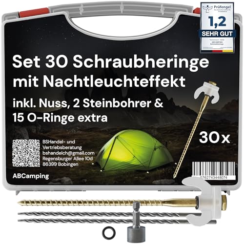 ABCamping Schraubheringe Set - [30 Stück] Stahl Heringe für weiche bis Harte Böden inkl. Bohrer (5mm & 6mm) - Zeltschrauben mit Leuchteffekt, inkl....