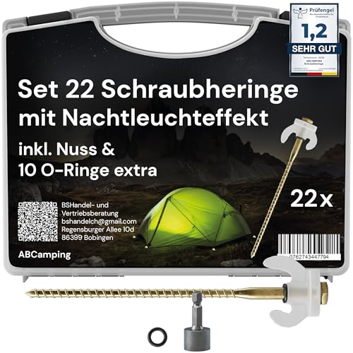 ABCamping Schraubheringe Set - [22 Stück] Stahl Heringe für weiche bis harte Böden - Zeltschrauben mit Leuchteffekt, ideal für Camping - inkl. Transportbox,...